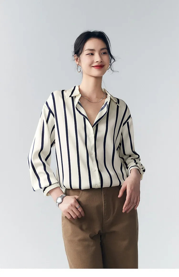 Lacceti Maren Stripe Satin Blouse featuring a stylish striped pattern, satin fabric, and a classic collar for a chic look.