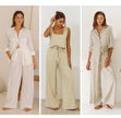 FJØRNA women's linen wide leg trousers with elastic waist and ruffle detailing, lightweight and flowy for a relaxed, stylish look.