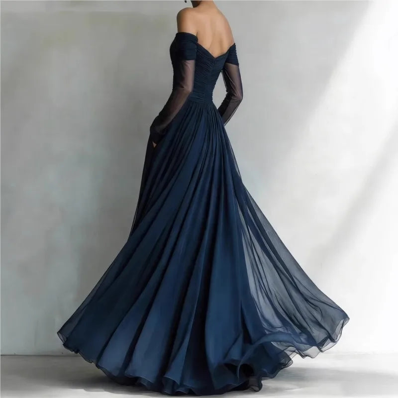 FJØRNA women's off-shoulder pleated summer dress, lightweight fabric, flowing design, perfect for warm weather.