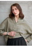 FJØRNA women's linen crop top with pleated long sleeves, lightweight and breathable, perfect for casual summer wear.