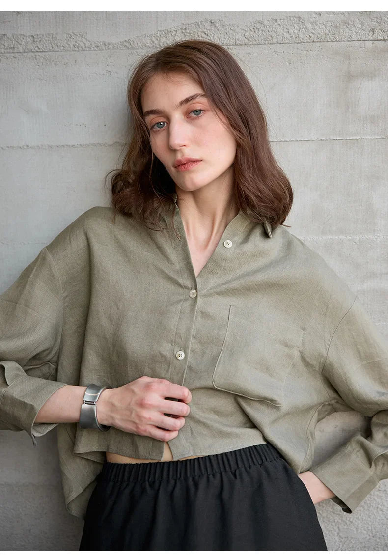 Linen Shirt Women Pleated Long Sleeve