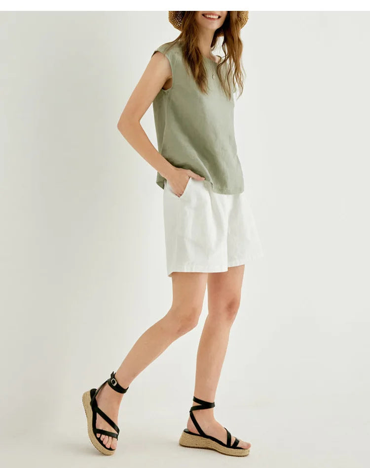 FJØRNA Petal Sleeve Linen T-Shirt with soft fabric, featuring elegant petal sleeve design and breathable linen material.