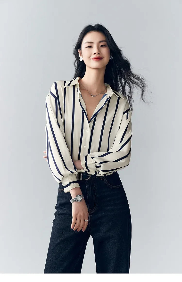Lacceti Maren Stripe Satin Blouse featuring a stylish striped pattern and smooth satin fabric.