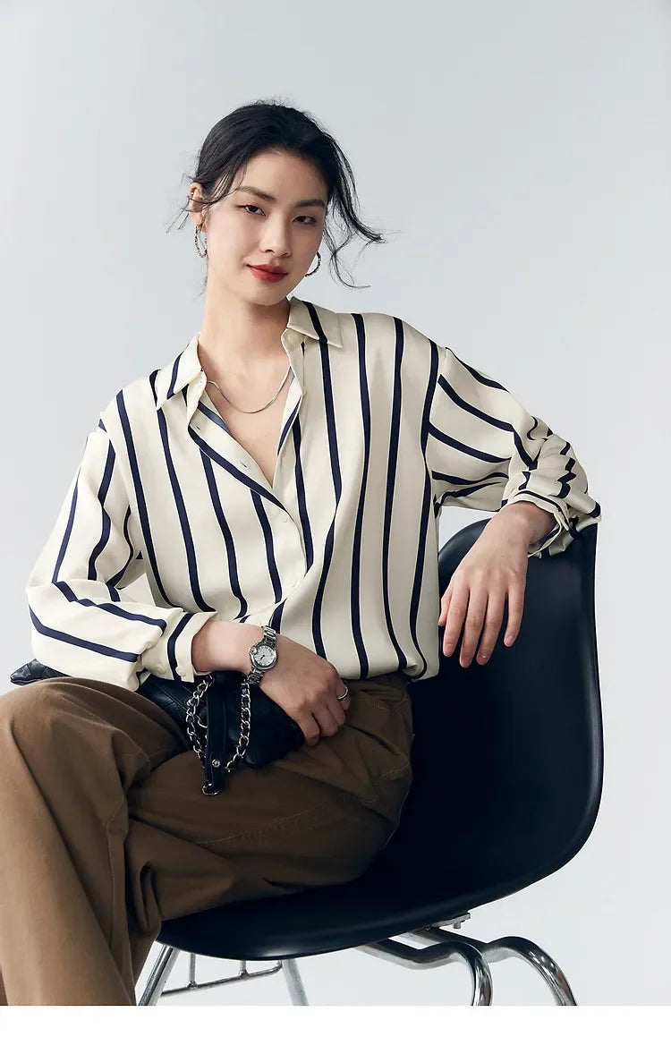 Lacceti Maren Stripe Satin Blouse featuring a stylish striped pattern, smooth satin fabric, and a classic button-up design.