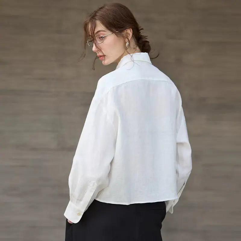 Linen Shirt Women Pleated Long Sleeve