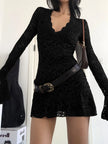 FJØRNA sheer lace mini dress featuring intricate lace details and a fitted silhouette for a stylish evening look.