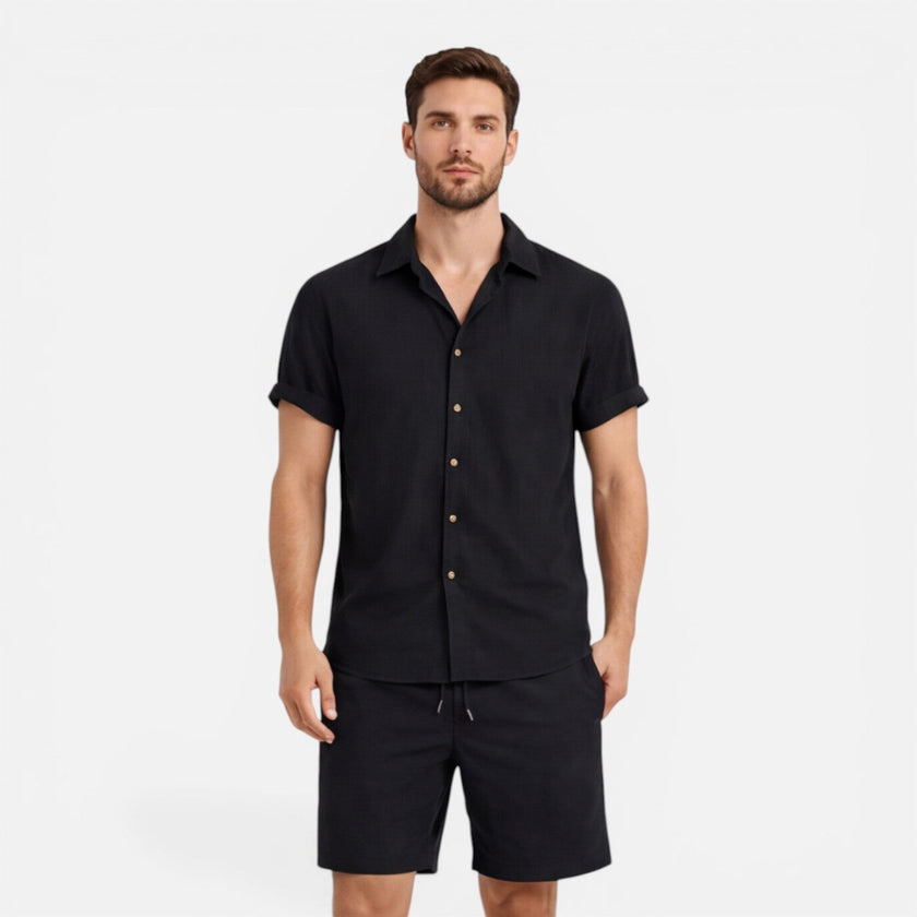 Men's lightweight summer shirt and shorts set by FJØRNA, casual men's set with breathable fabric and relaxed fit for warm weather.