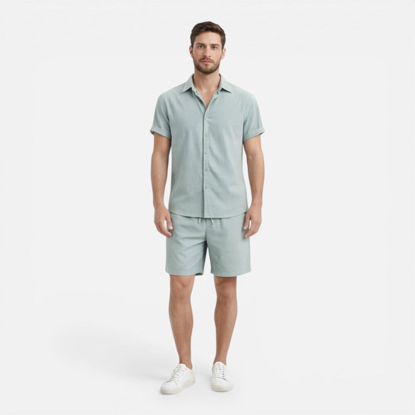 Men's lightweight summer shirt and shorts set by FJØRNA, featuring a casual, comfortable design perfect for warm weather.