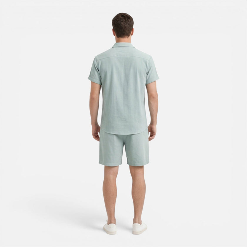 Men's lightweight summer shirt and shorts set by FJØRNA, casual co-ord in breathable fabric perfect for warm weather.