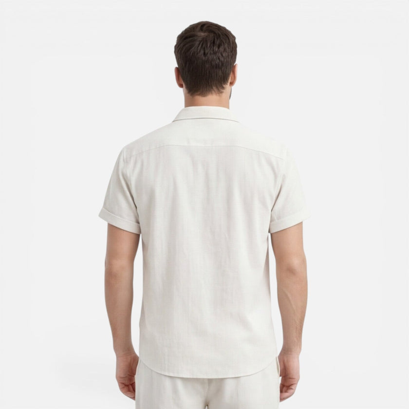 Men's lightweight summer shirt and shorts set by FJØRNA, casual and breathable co-ord for warm weather wear.