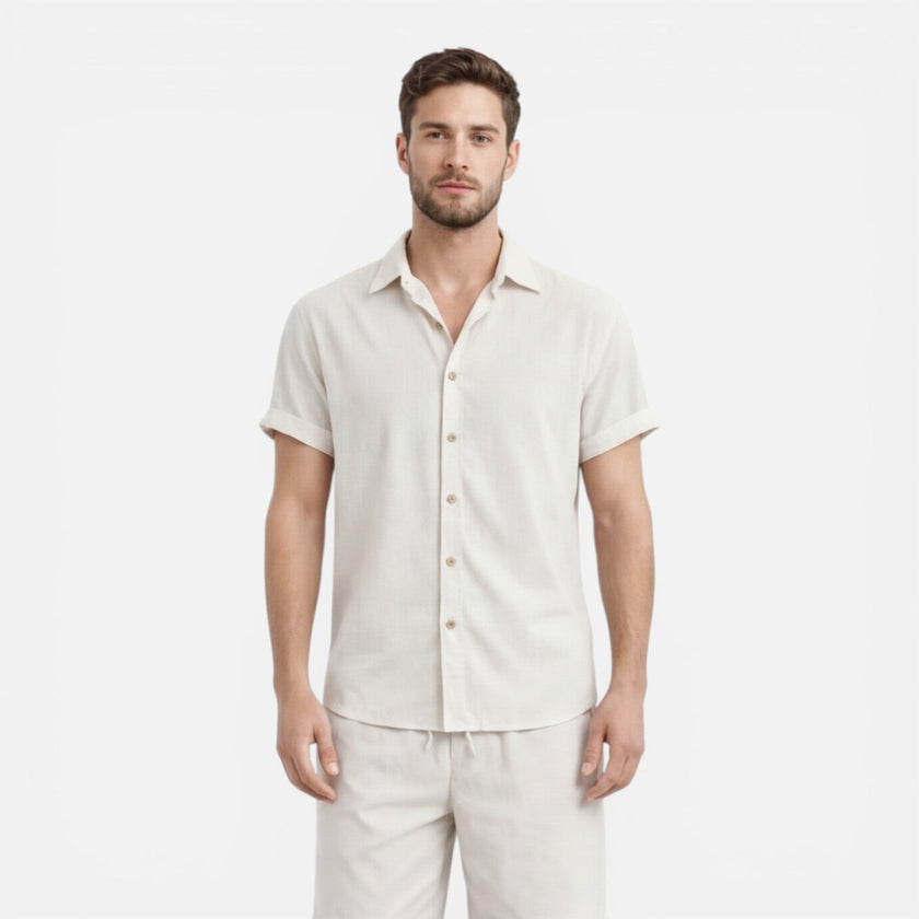 Men's lightweight summer shirt and shorts set by FJØRNA, casual and comfortable co-ord for warm weather wear.