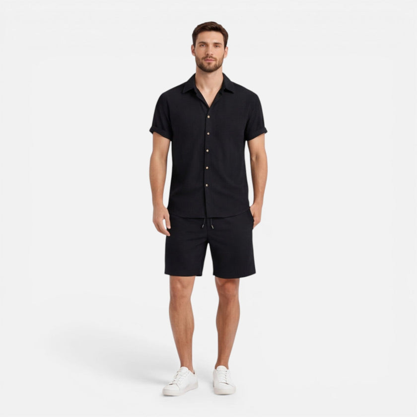 Men's lightweight summer shirt and shorts set by FJØRNA, featuring casual, breathable fabric perfect for warm weather.