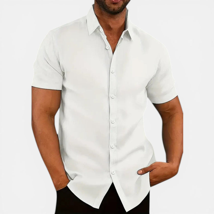 Men's lightweight breathable summer short sleeve shirt by FJØRNA, slim fit design, perfect for warm weather.