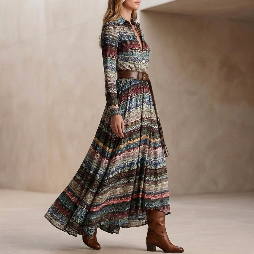FJØRNA A-Line belted collared maxi shirt dress for women, shown from side view with long sleeves and a flowing silhouette.