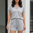 FJØRNA silver gray relaxed collared lounge set with drawstring shorts, stylish 2-piece casual sleepwear for comfort.