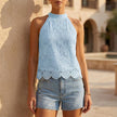 Sky blue floral halter neck blouse for women by FJØRNA, stylish summer top with a feminine design.