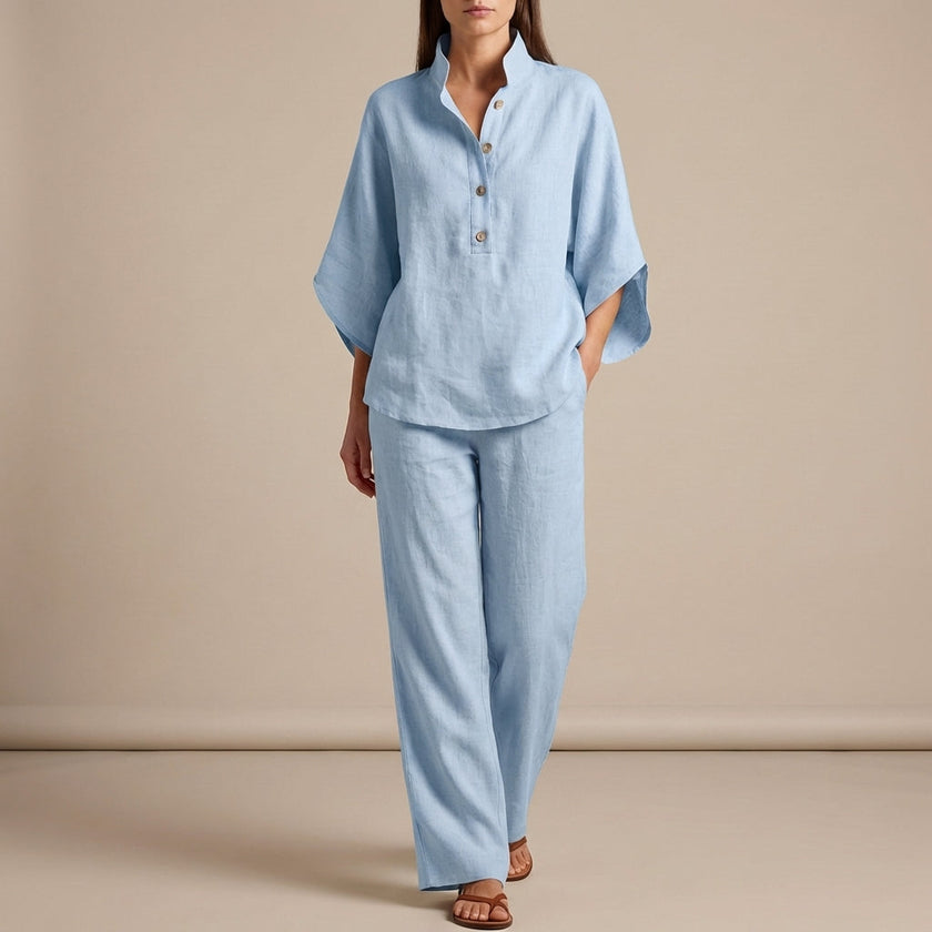 Sky blue FJØRNA woven two-piece relaxed shirt and wide-leg trouser set, casual urban leisure style, lightweight fabric.