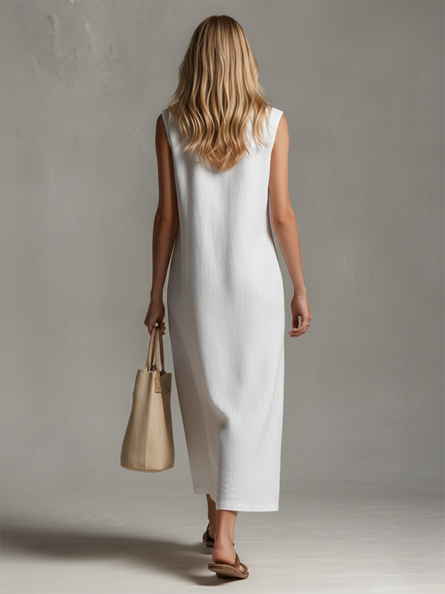 FJØRNA sleeveless midi casual dress featuring a flowy silhouette and simple design, perfect for relaxed daytime wear.