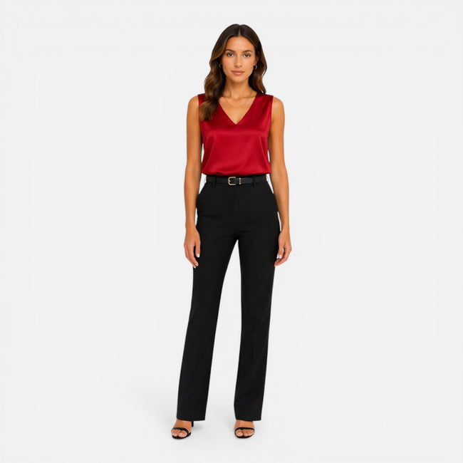 FJØRNA women's sleeveless satin blouse with V-neck, silky and elegant, perfect for stylish casual or formal wear.
