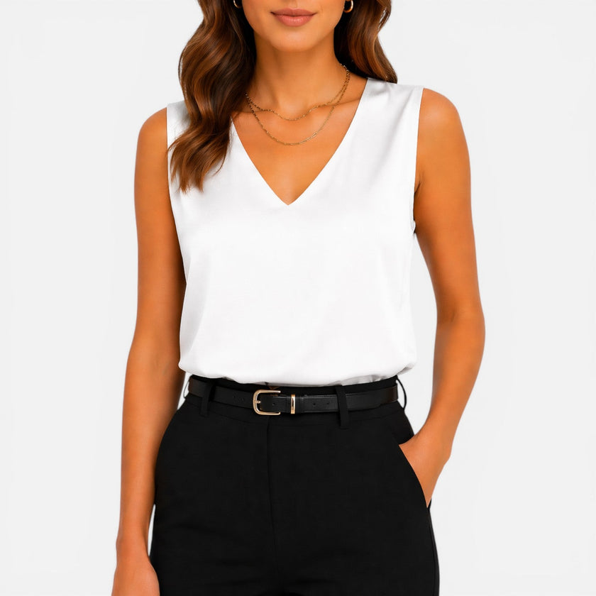 Elegant women's satin sleeveless blouse with V-neck and silky finish, ideal for stylish occasions, by FJØRNA.
