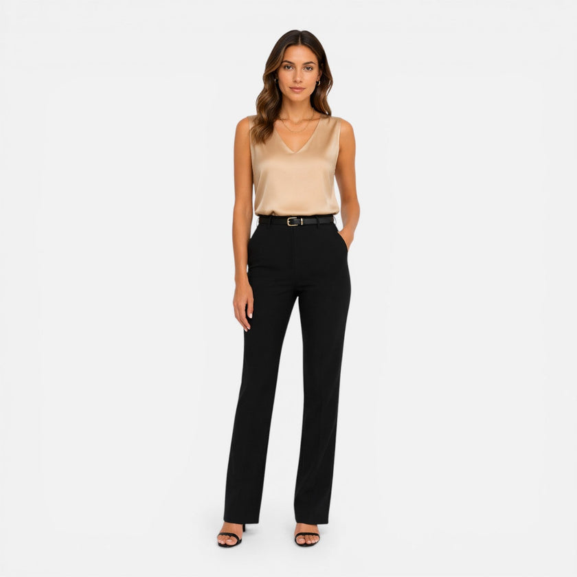 FJØRNA women's sleeveless satin blouse with V-neck, elegant silky top, perfect for stylish, feminine office or evening wear.