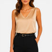Women's satin sleeveless blouse with V-neck, silky and elegant, by FJØRNA, perfect for stylish occasions.