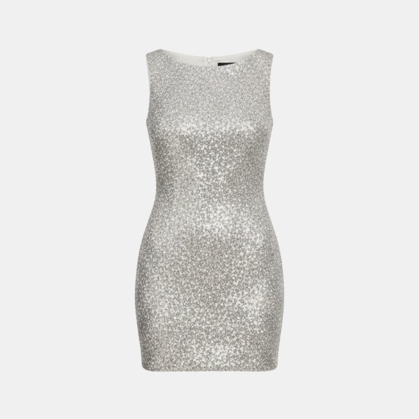 FJØRNA women's slim fit mini glitter dress with sparkly embellishments, perfect for evening or party wear.