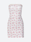 FJØRNA soft girl floral tube mini dress in white, featuring a fitted bodice and delicate floral pattern, perfect for casual wear.