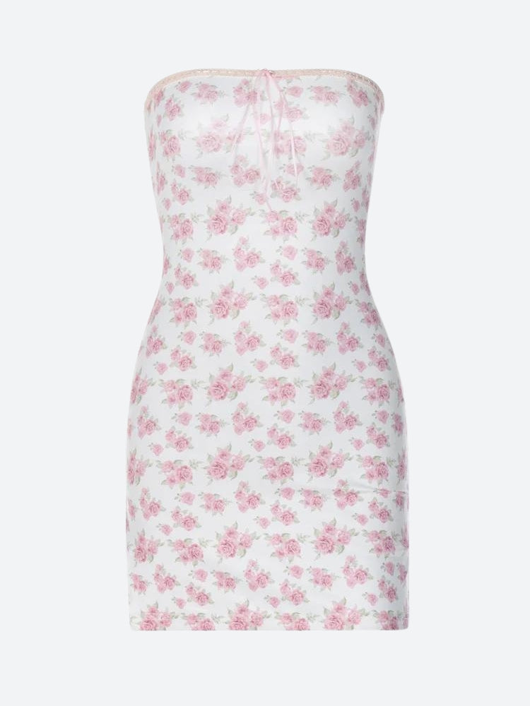 FJØRNA soft girl floral tube mini dress in white, featuring a fitted bodice and delicate floral pattern, perfect for casual wear.