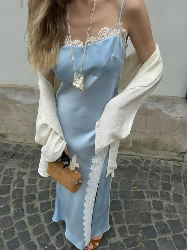 FJØRNA soft girl lace trim midi dress, women's dress with delicate lace details, perfect for day to night wear.