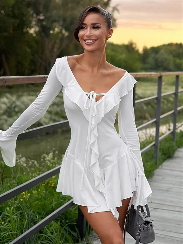 FJØRNA soft girl ruffled mini dress featuring a lightweight fabric, feminine ruffles, and a stylish, casual fit.