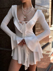 FJØRNA soft girl ruffled mini dress with delicate layers and pastel pink color, perfect for a cute and feminine look.