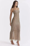 White FJØRNA sparkle sequined fit maxi dress, elegant evening dress with shimmering embellishments and a fitted silhouette.