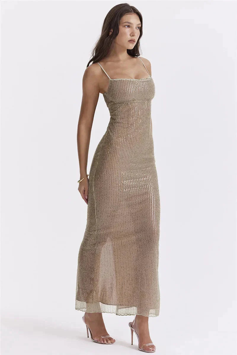 White FJØRNA sparkle sequined fit maxi dress, elegant evening dress with shimmering embellishments and a fitted silhouette.