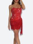 FJØRNA strapless lace mini dress for women, perfect for party or day wear, featuring elegant lace detail and a fitted silhouette.
