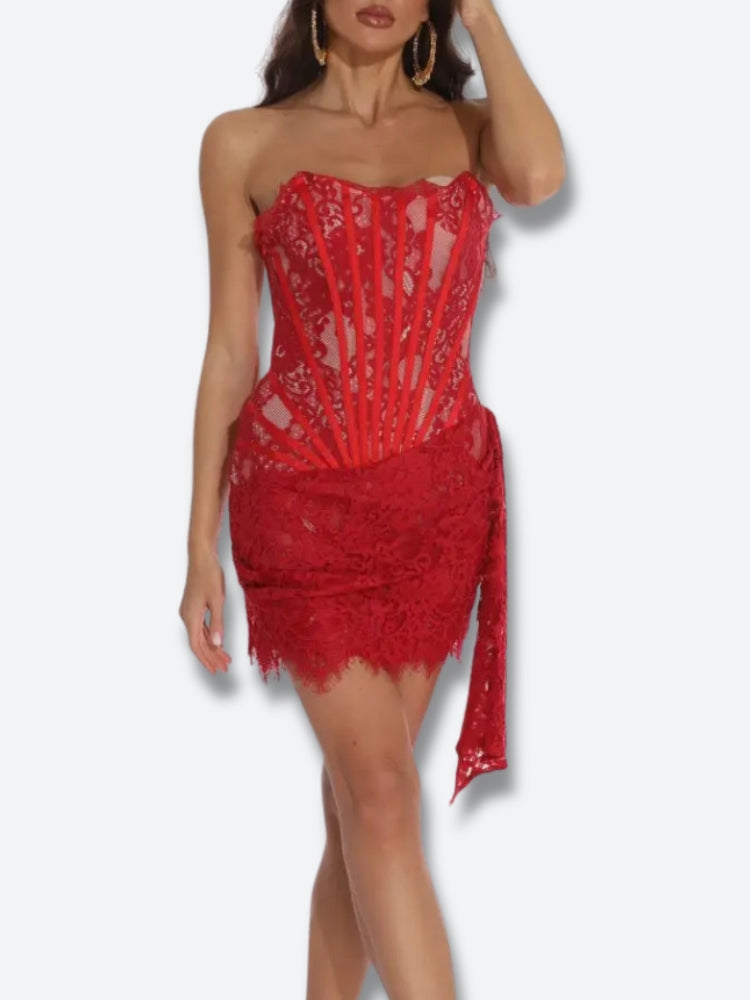 FJØRNA strapless lace mini dress for women, perfect for party or day wear, featuring elegant lace detail and a fitted silhouette.