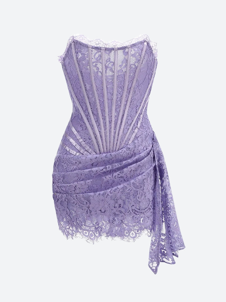 FJØRNA strapless lace mini dress for women, perfect for party and day wear, shown on a model against a white background.