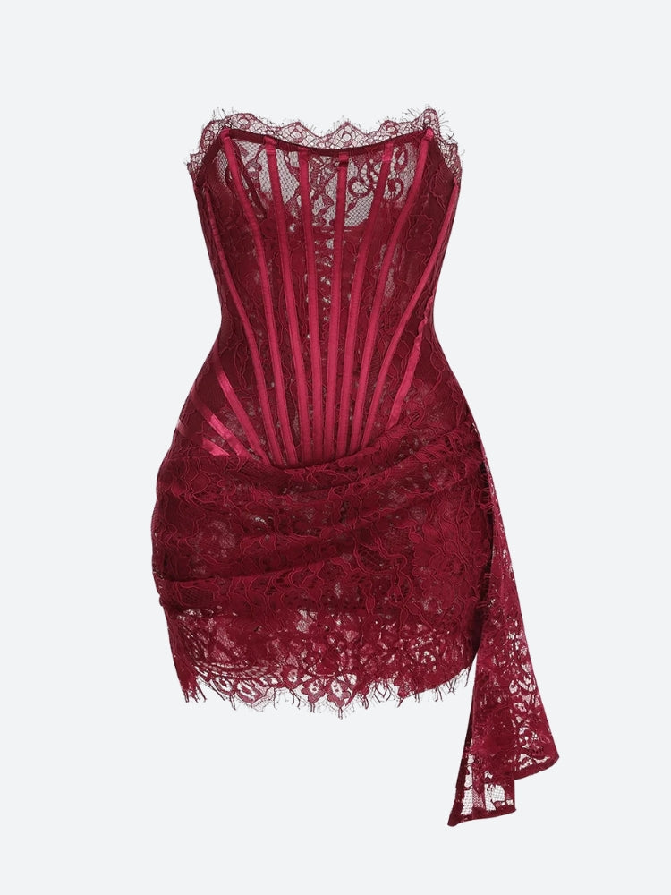 FJØRNA strapless lace mini dress for women, perfect for party or day wear, featuring intricate lace details and a fitted silhouette.