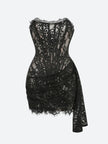 FJØRNA strapless lace mini dress for women, perfect for party and day wear, shown on a model with a fitted silhouette.