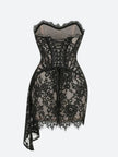 FJØRNA strapless lace mini dress for women, stylish party and day dress with intricate lace details, sleeveless design.