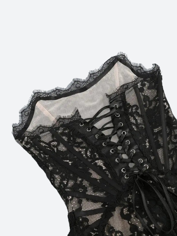 FJØRNA strapless lace mini dress for women, perfect for party or day wear, shown on a model with a fitted silhouette.