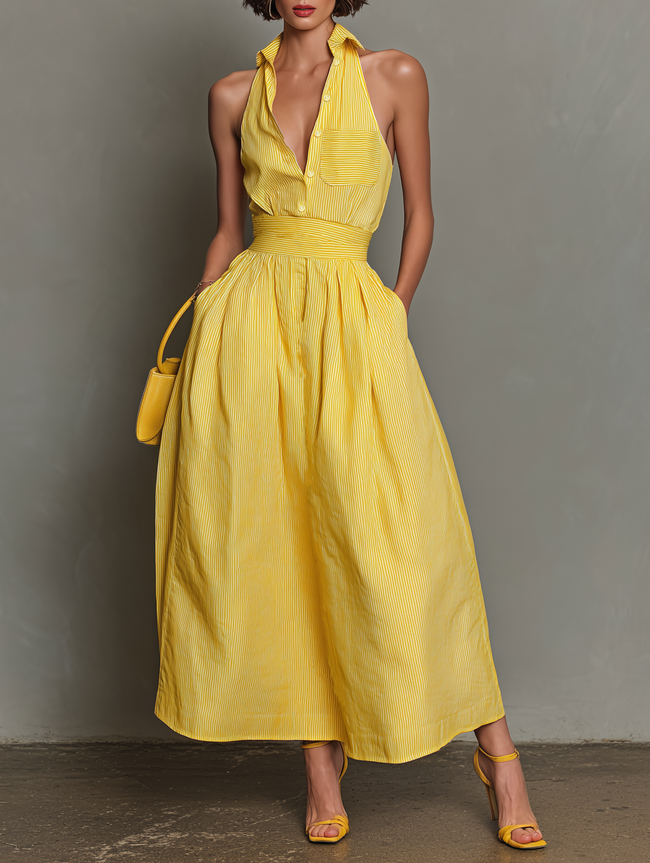 FJØRNA striped maxi dress for women featuring a flowing, floor-length design with bold horizontal stripes and a sleeveless cut.