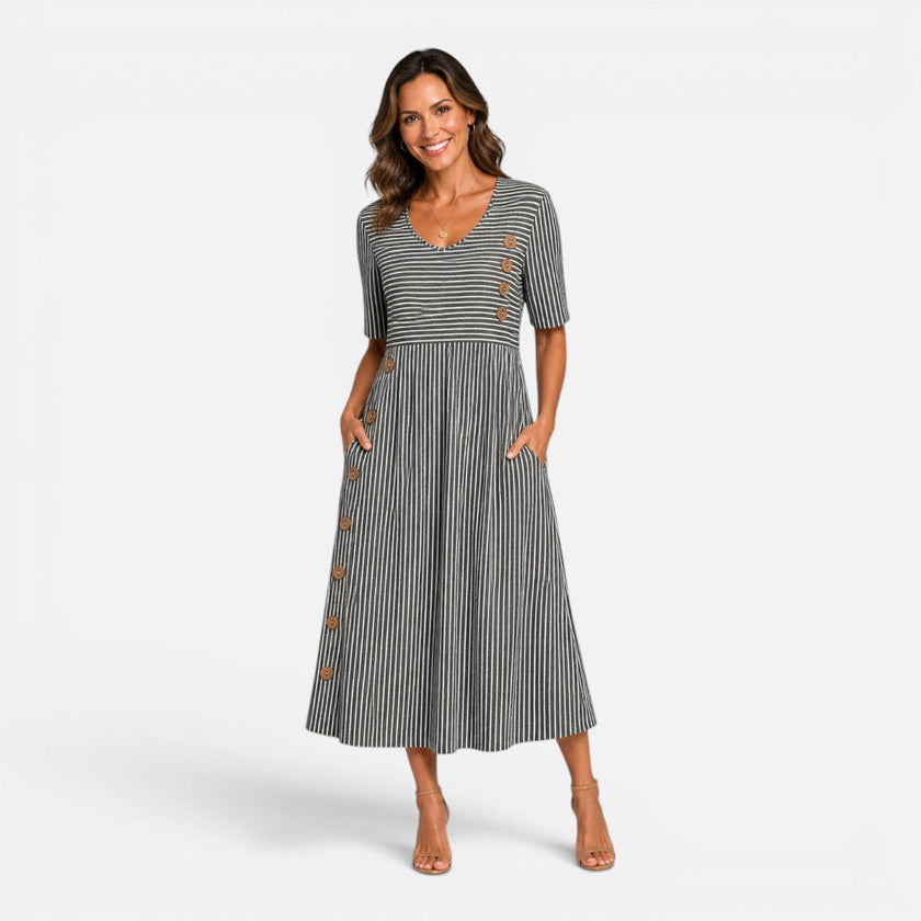 Women's FJØRNA striped button detail midi dress with pockets, featuring a stylish design and casual fit.