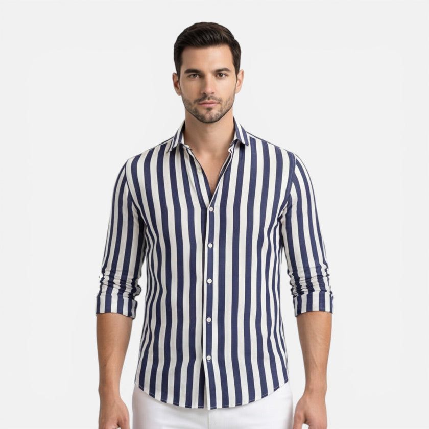 Men's striped cotton shirt by FJØRNA featuring breathable fabric and a slim fit, classic style for casual or formal wear.