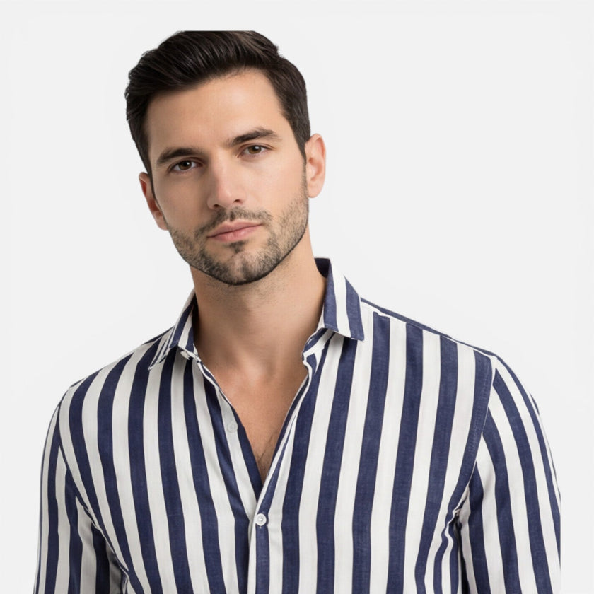 Men's striped cotton shirt by FJØRNA, featuring a breathable slim fit design and classic style for casual or formal wear.