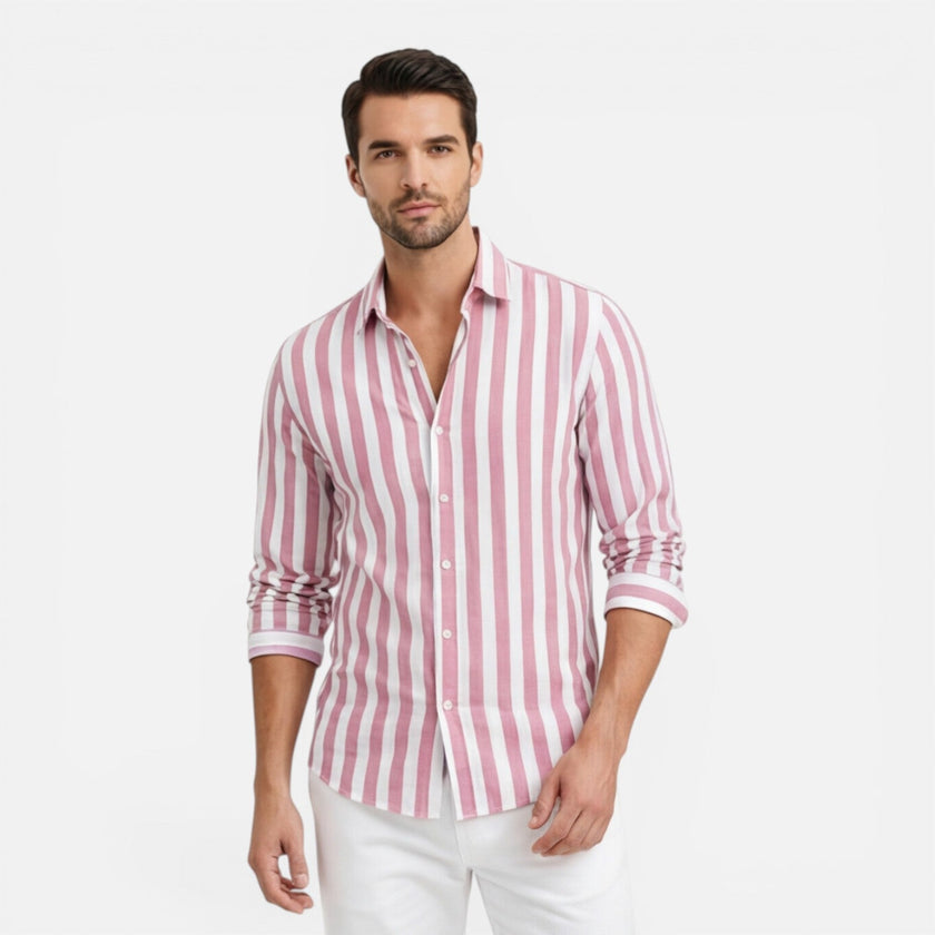 Men's striped cotton shirt by FJØRNA, breathable slim fit classic style perfect for casual or formal wear.