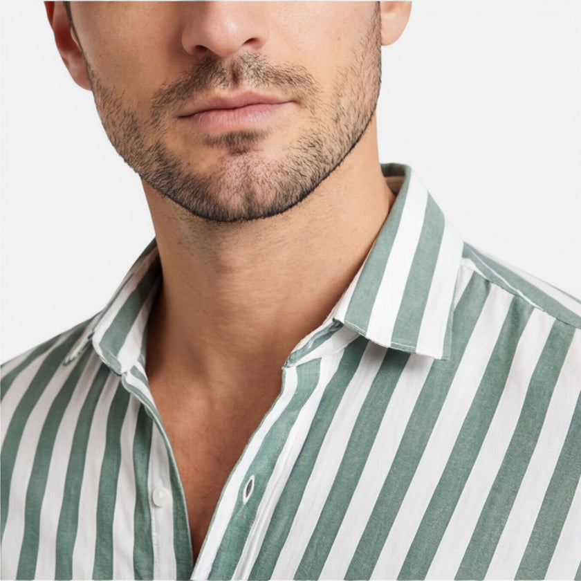 Men's striped cotton shirt by FJØRNA, breathable slim fit design with classic style, shown in a close-up image.