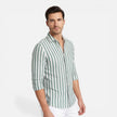Men's FJØRNA striped cotton shirt with breathable fabric, slim fit, and classic style, shown laid flat with long sleeves.