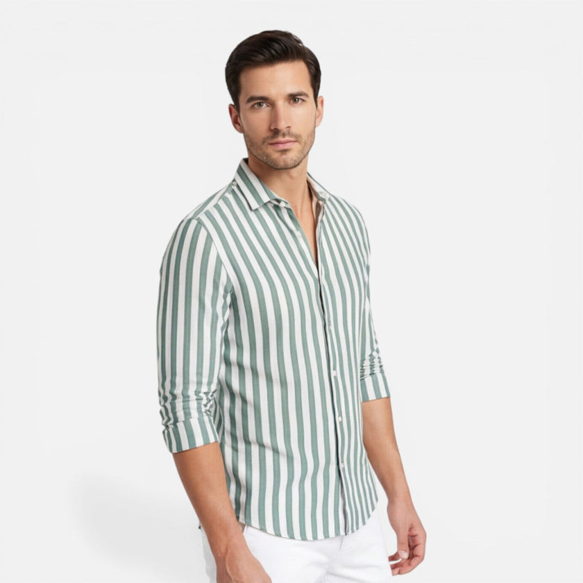 Men's FJØRNA striped cotton shirt with breathable fabric, slim fit, and classic style, shown laid flat with long sleeves.