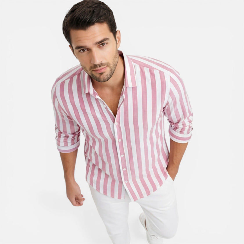 Men's striped cotton shirt by FJØRNA featuring a breathable, slim fit, classic style with stylish vertical stripes.